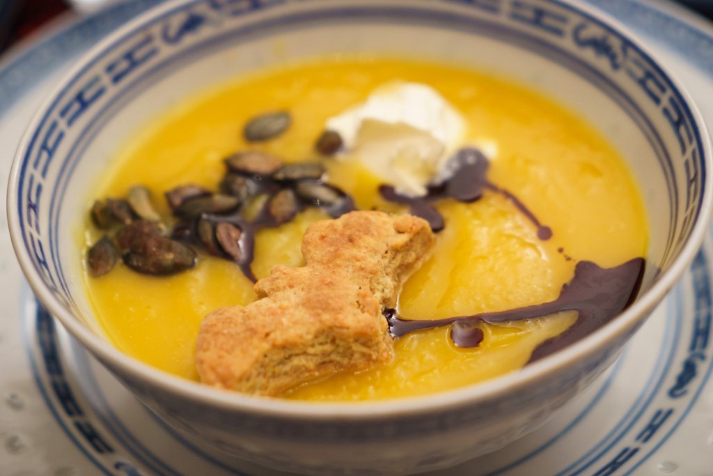 Pumpkin soup with a Cheesy Bat