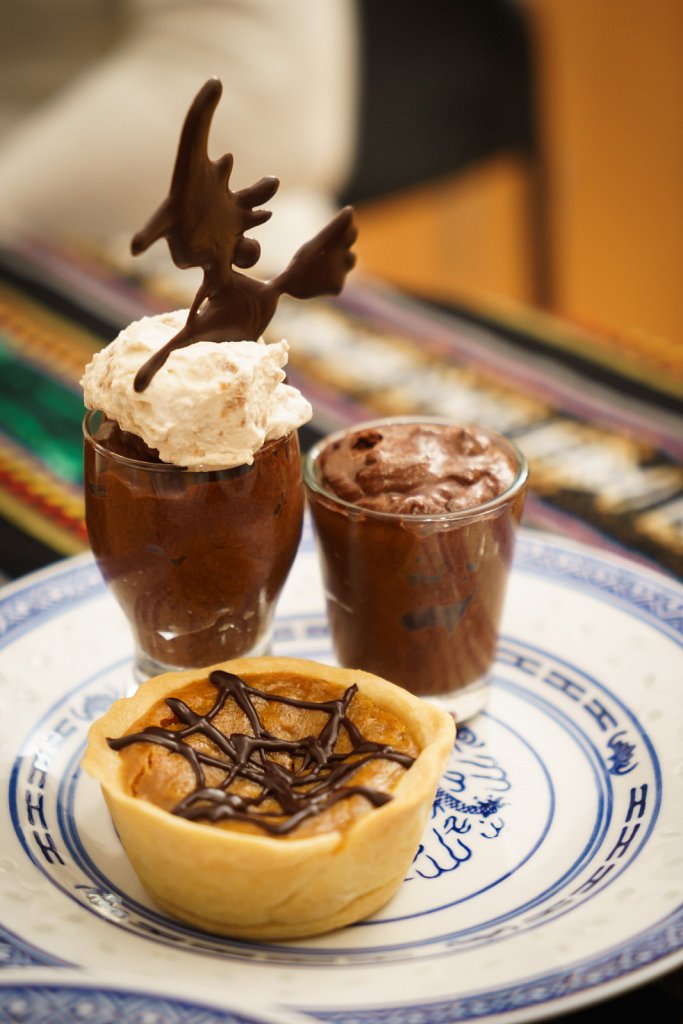 Dessert Trio: Two Mousses au Chocolat, and a Tiny Pumpkin Pie